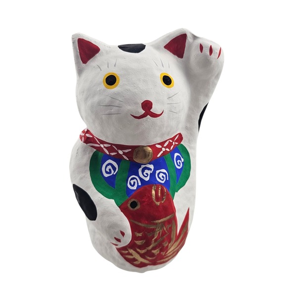 Vintage Maneki Neko Lucky Cat Holding Fish Paper Mache Japanese Folk Art Decor - Picture 1 of 10